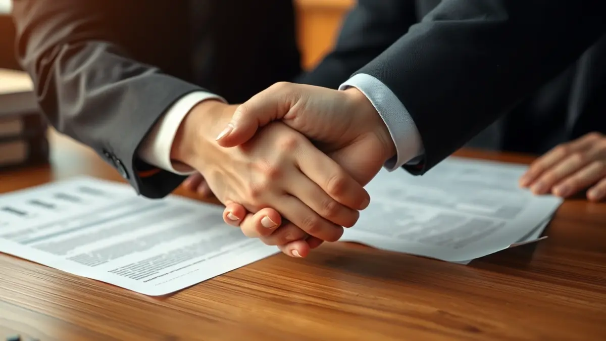 Generic image of two hands in formal attire shaking over a wooden desk with blurred paperwork in the background.
