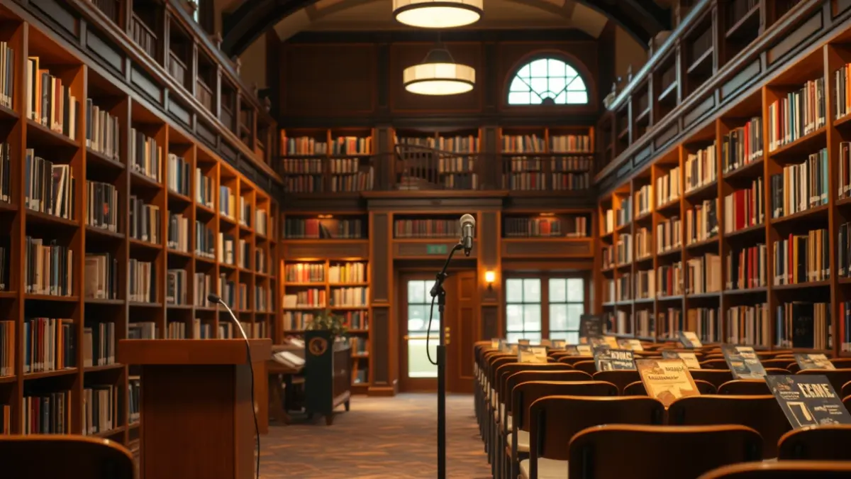 Irudi generikoa liburutegi baten barrualdekoa, mikrofono bat podium txiki batean eta aulki ilarak dituena.