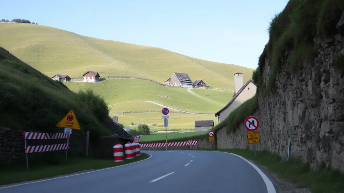 Errepide estu bat Gipuzkoako landa-paisaian, obrak adierazten dituzten seinaleekin.