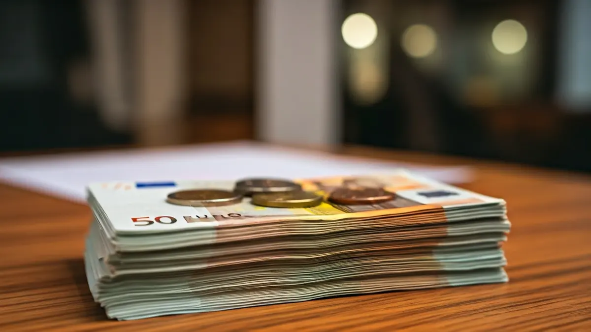 Irudi generikoa euro billete eta txanpon pilarena, isunak eta zigor ekonomikoak irudikatuz.