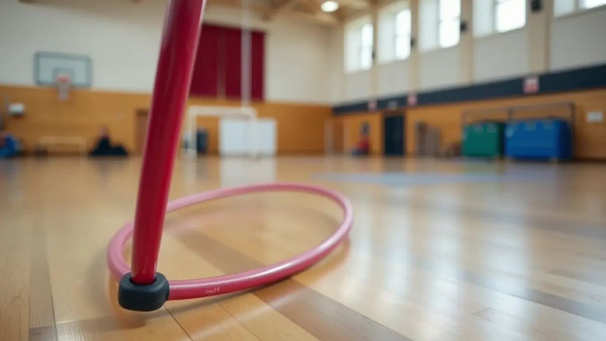 Irudi generikoa gimnastika erritmikoko uztai batena, zoru leundu batean.