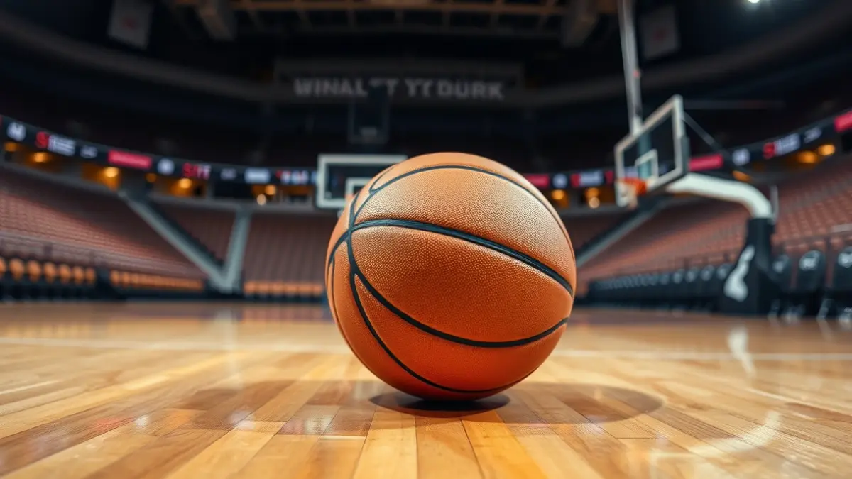 Saskibaloi baloi baten irudi generikoa zurezko kantxa batean, atzealdean saskia eta harmailak lausotuta.