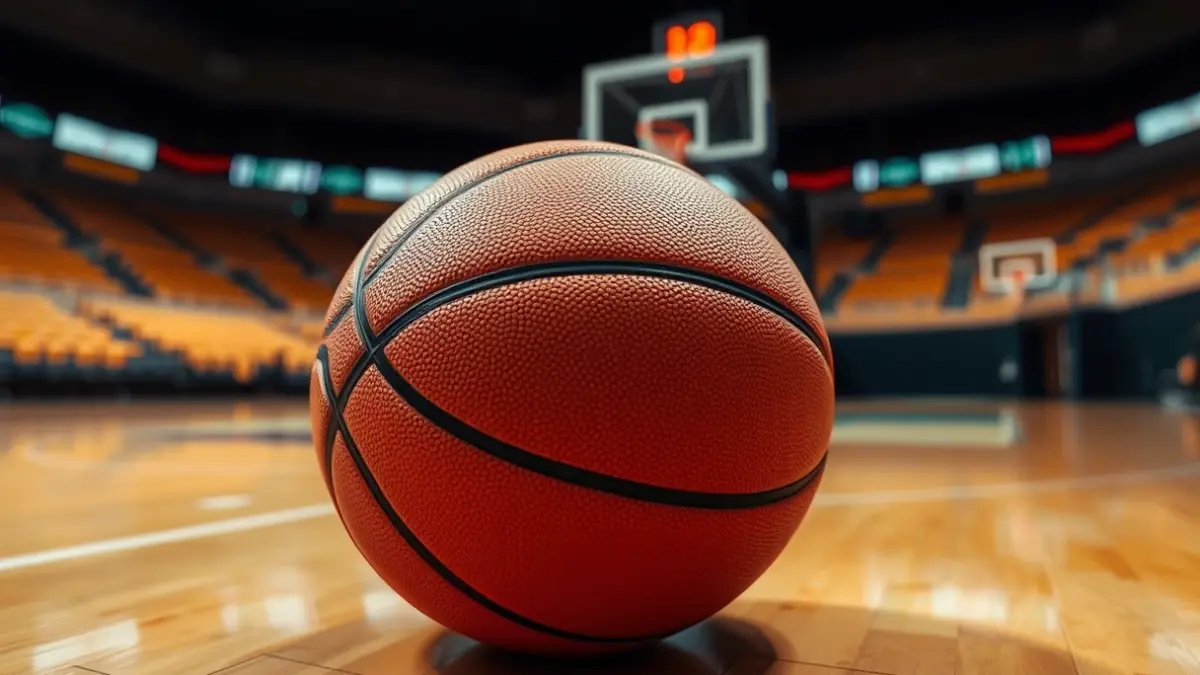 Imagen genérica de un balón de baloncesto sobre una cancha pulida, con el aro desenfocado al fondo.
