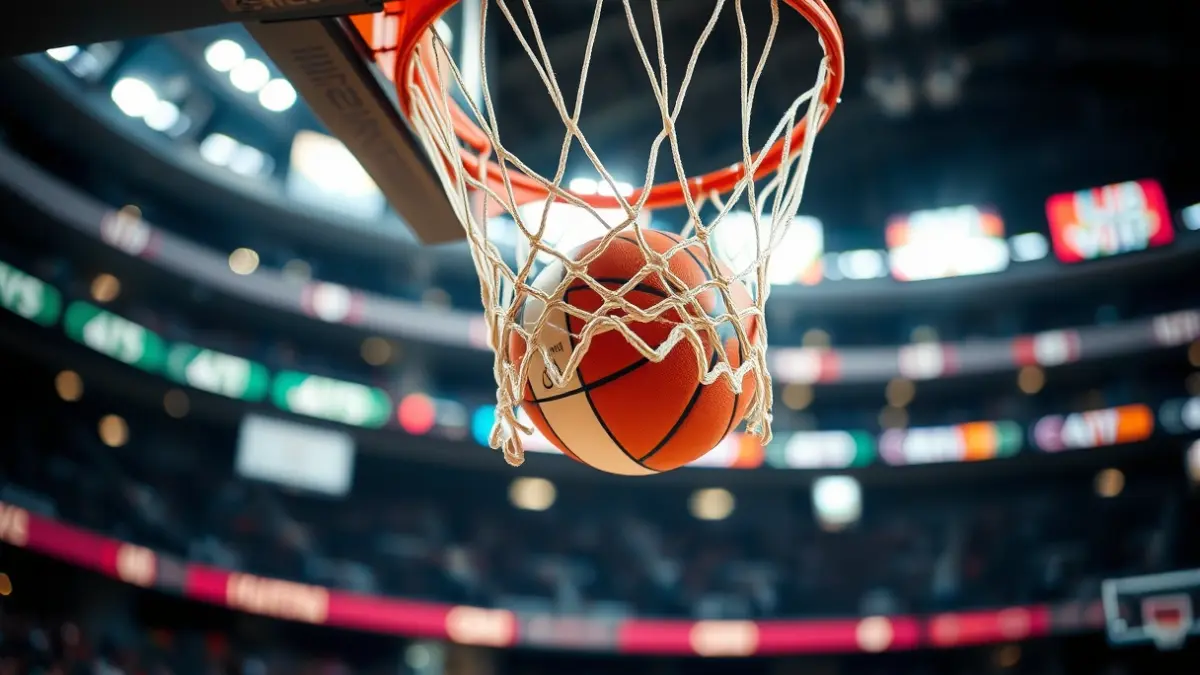 Saskibaloi sare batetik pasatzen den baloi baten irudi generikoa, atzealdean kantxa lausoa duena.