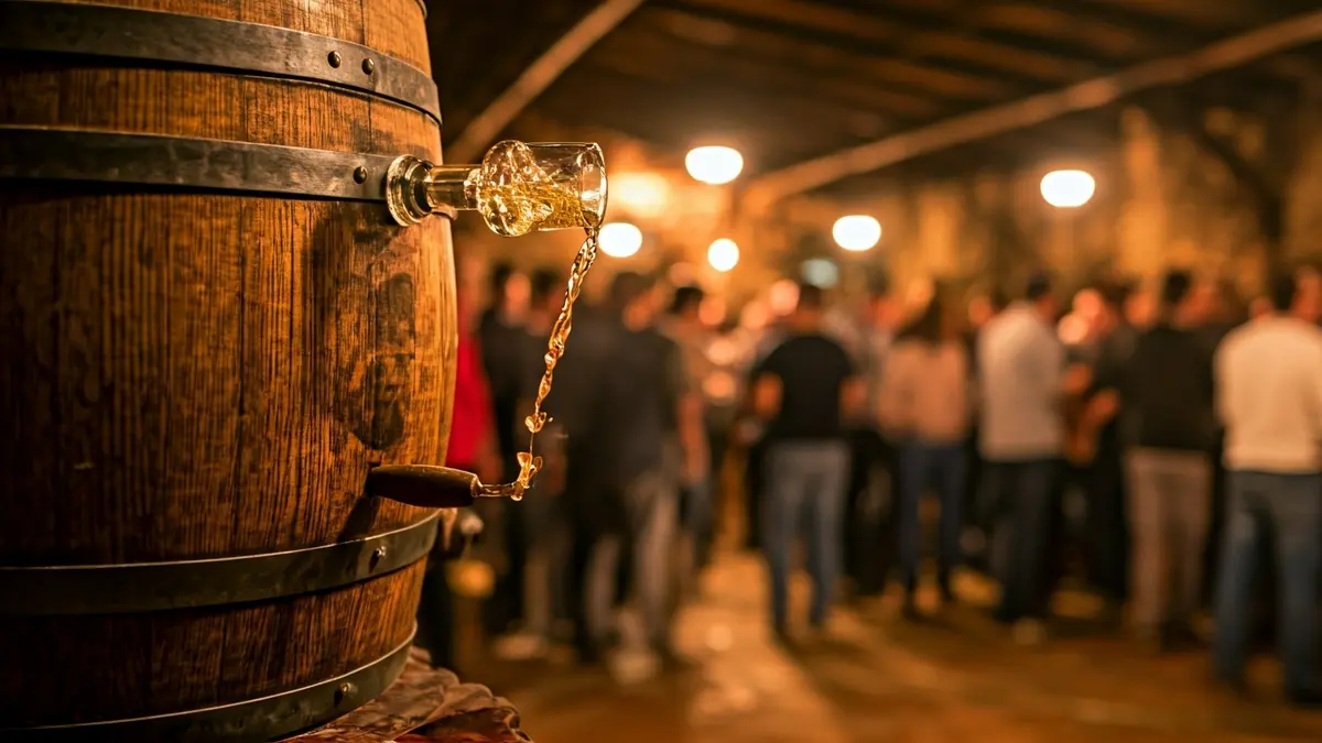 Sagardo kupela batetik edalontzi batera sagardoa isurtzen, txotx giroan.