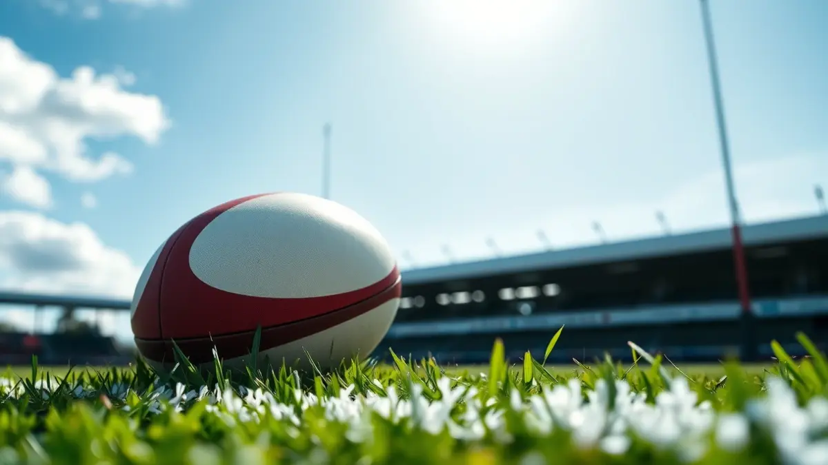 Irudi generikoa errugbi baloi bat belar gainean, zelaia lauso atzealdean.