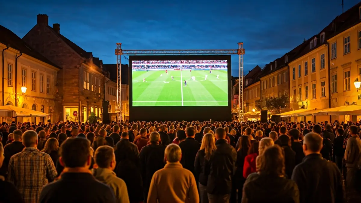 Irudi generikoa futbol partida bat pantaila handian ikusten ari den jende multzo batena, jai giroan.