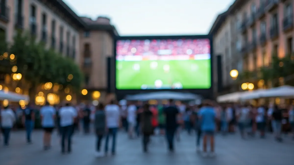 Giant screen showing a football match in a square in Tolosa, with people celebrating.