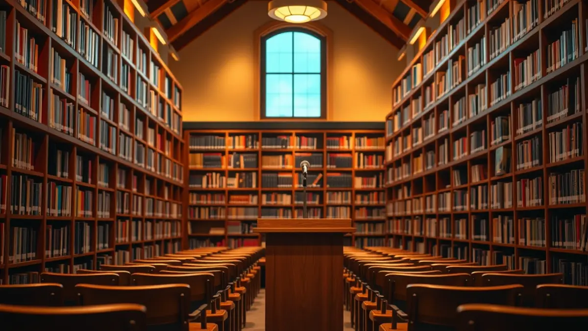 Generic image of a library interior with wooden bookshelves and a microphone.