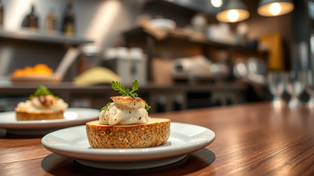 Detailed image of a cod pintxo, presented at a culinary competition.