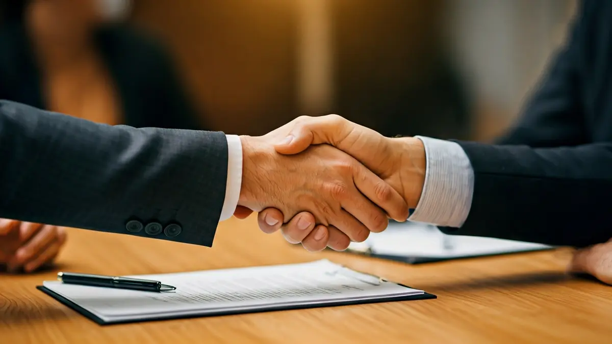 Irudi generikoa negoziazio baten edo akordio baten sinaduraren irudia, bulego batean.