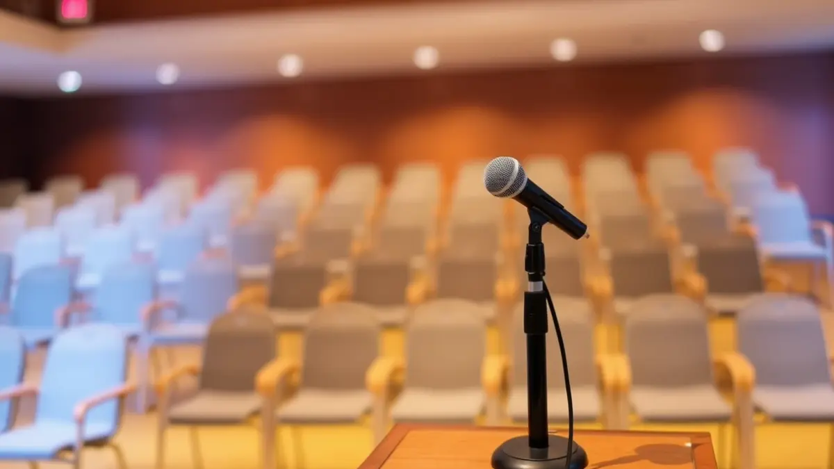 Imagen genérica de un micrófono y sillas vacías, sugiriendo un evento cultural.