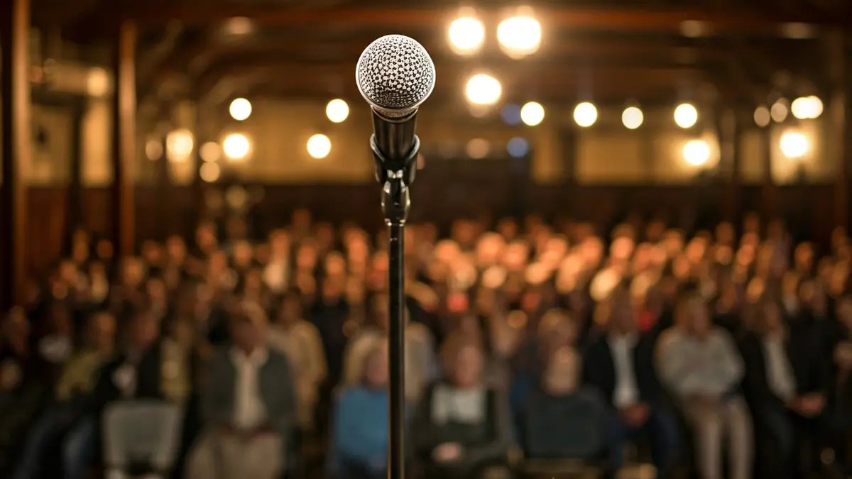 Irudi generikoa mikrofono baten eszenatoki batean, bertsolaritza ekitaldi bat irudikatuz.