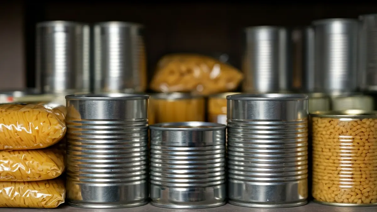 Generic image of non-perishable food items in a warehouse, representing food distribution.
