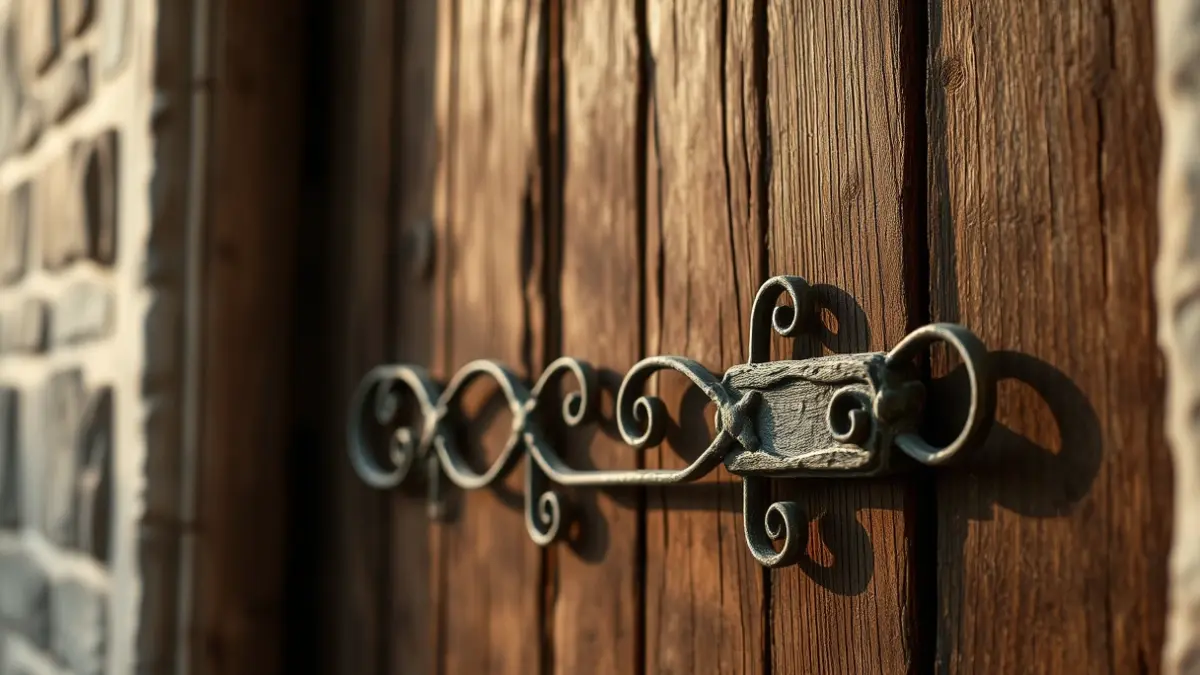 Irudi generikoa: eliza zahar baten egurrezko atea, burdin lanekin.