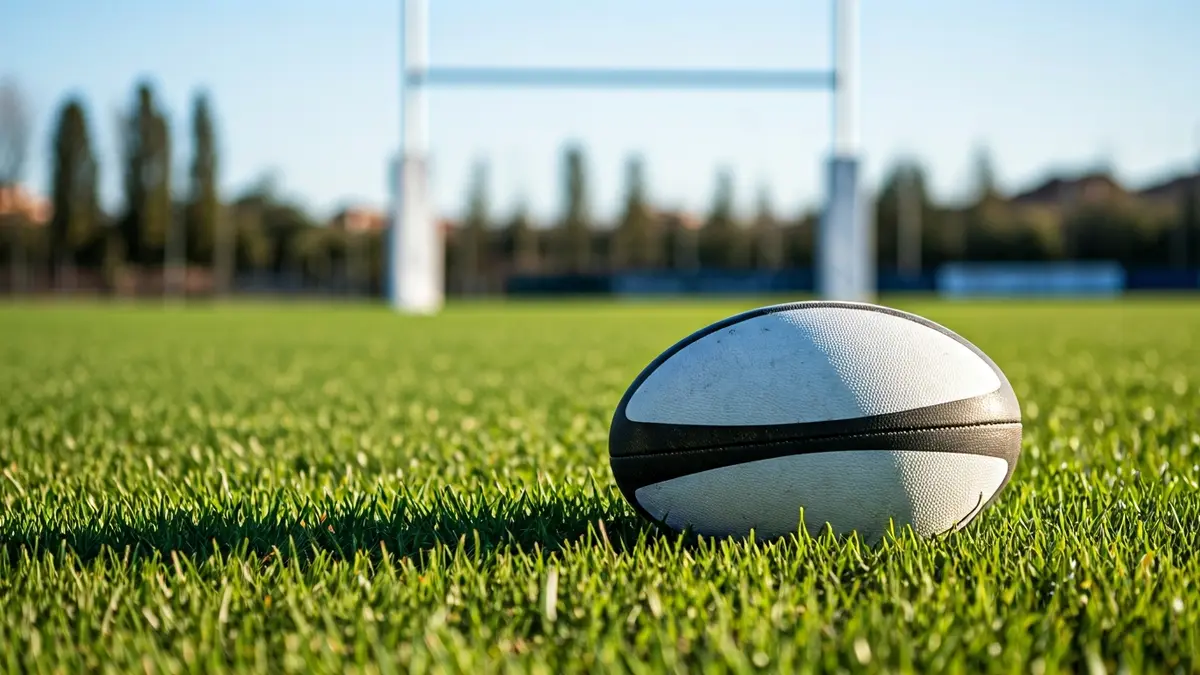 Irudi generikoa errugbi baloi bat belar gainean, atzealdean ateak lausotuta.