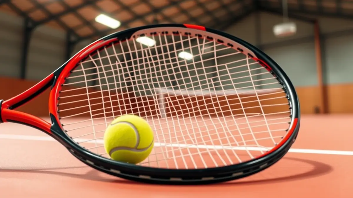 Imagen genérica de una paleta de tenis y una pelota, en un pabellón deportivo.