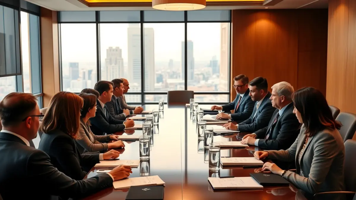 Irudi generikoa: Bilera formal bat, mahai luze baten inguruan eserita dauden pertsonekin.