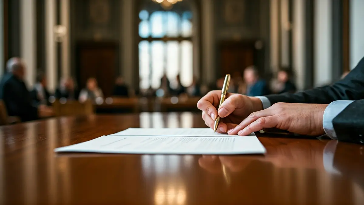 Irudi generikoa eskuak dokumentu bat sinatzen, bulego batean.