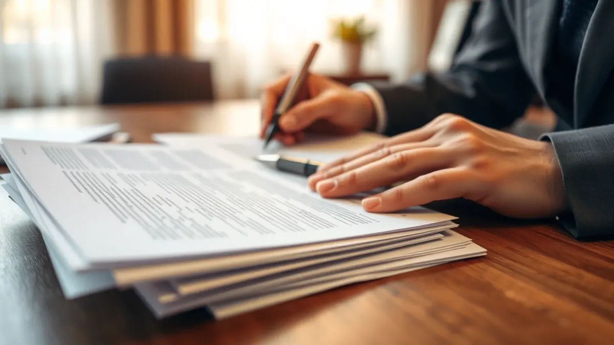 Irudi generikoa dokumentuak eta boligrafoa dituen mahai baten gainean, tramite burokratikoak irudikatuz.
