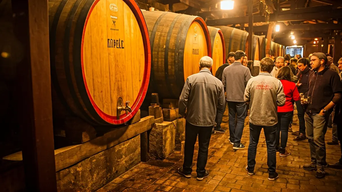 Imagen genérica del interior de una sidrería vasca con gente degustando sidra alrededor de las kupelas.