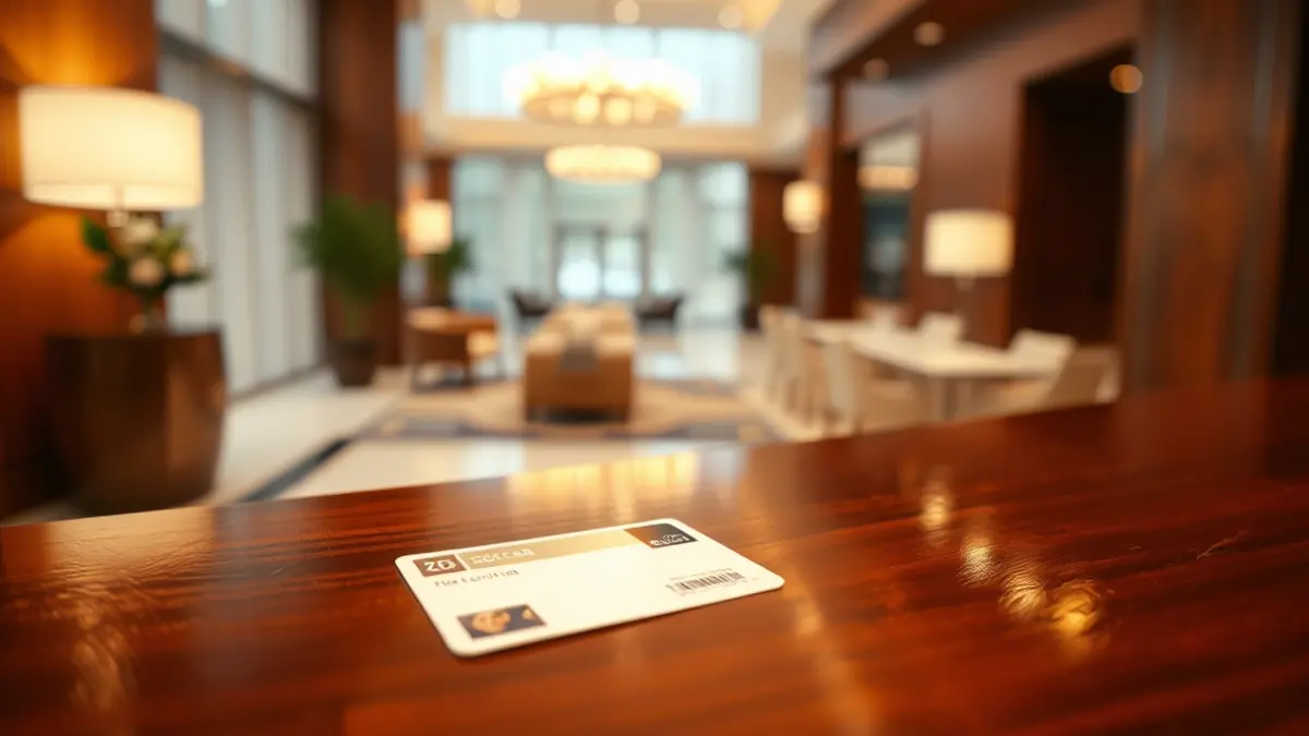 Generic image of a hotel key card on a reception desk.