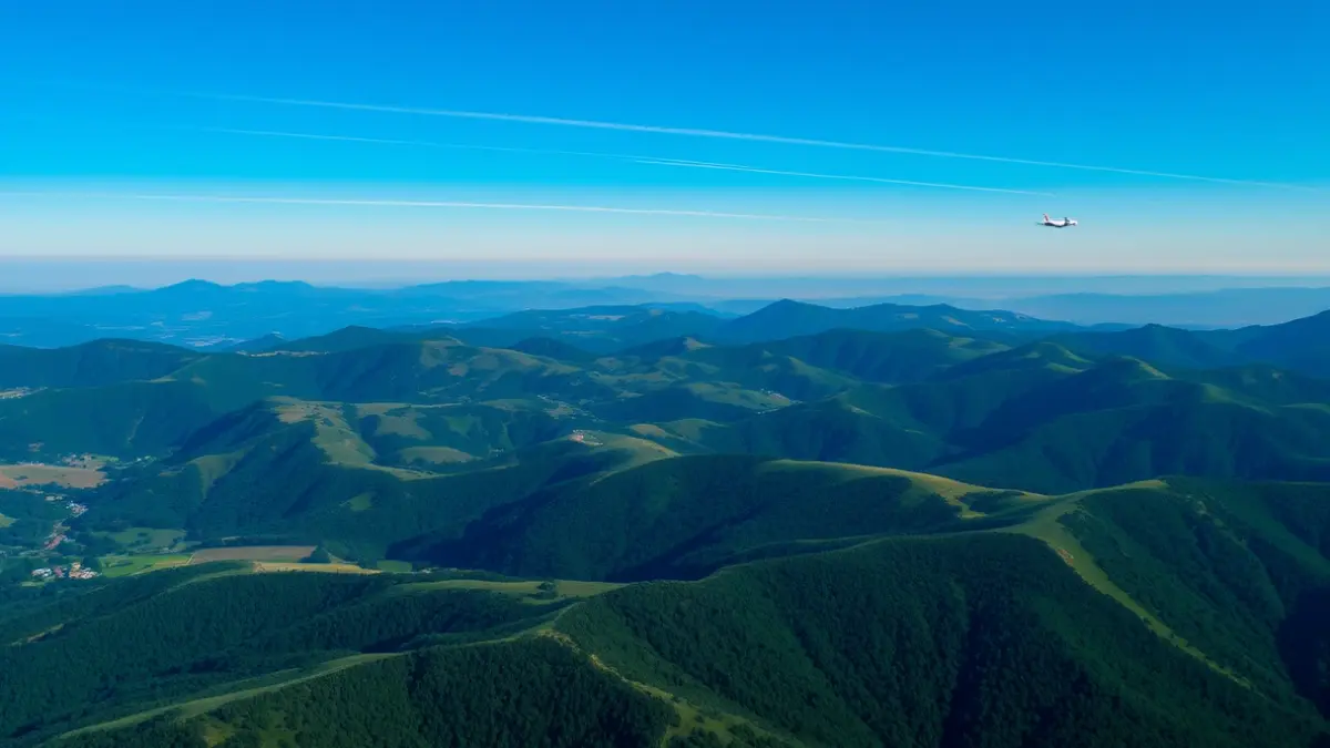 Generic image of a clear sky with airplane contrails over a mountainous Basque Country landscape.
