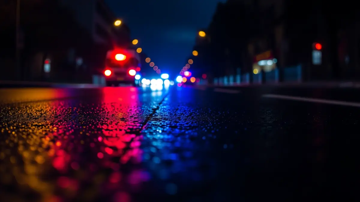 Imagen genérica de reflejos de luces brillantes en asfalto mojado tras una tormenta eléctrica nocturna.