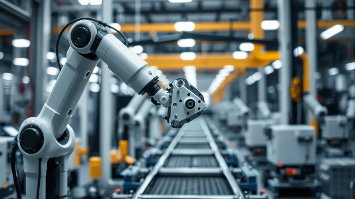 Imagen genérica: un brazo robótico trabajando en una línea de montaje con maquinaria industrial borrosa al fondo.
