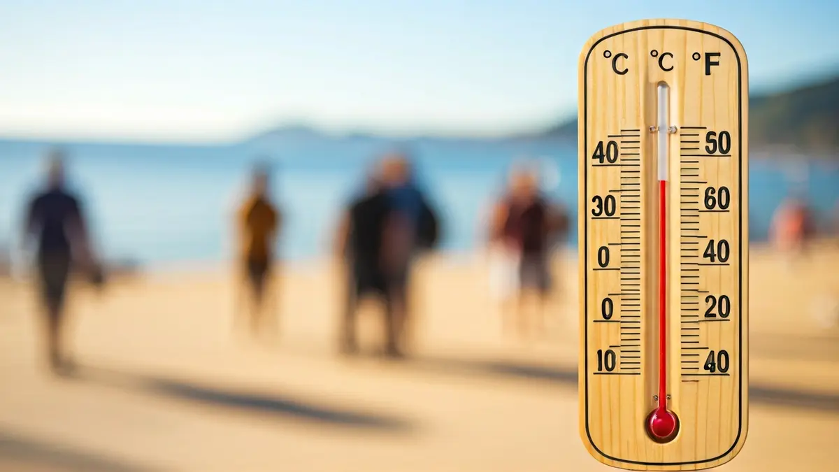 A thermometer showing a high temperature reading, with a blurred background of a sunny beach in the Basque Country.
