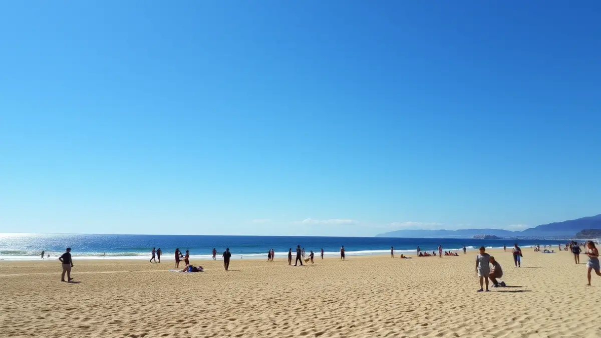 Sunny beach in Gipuzkoa with people enjoying the good weather.