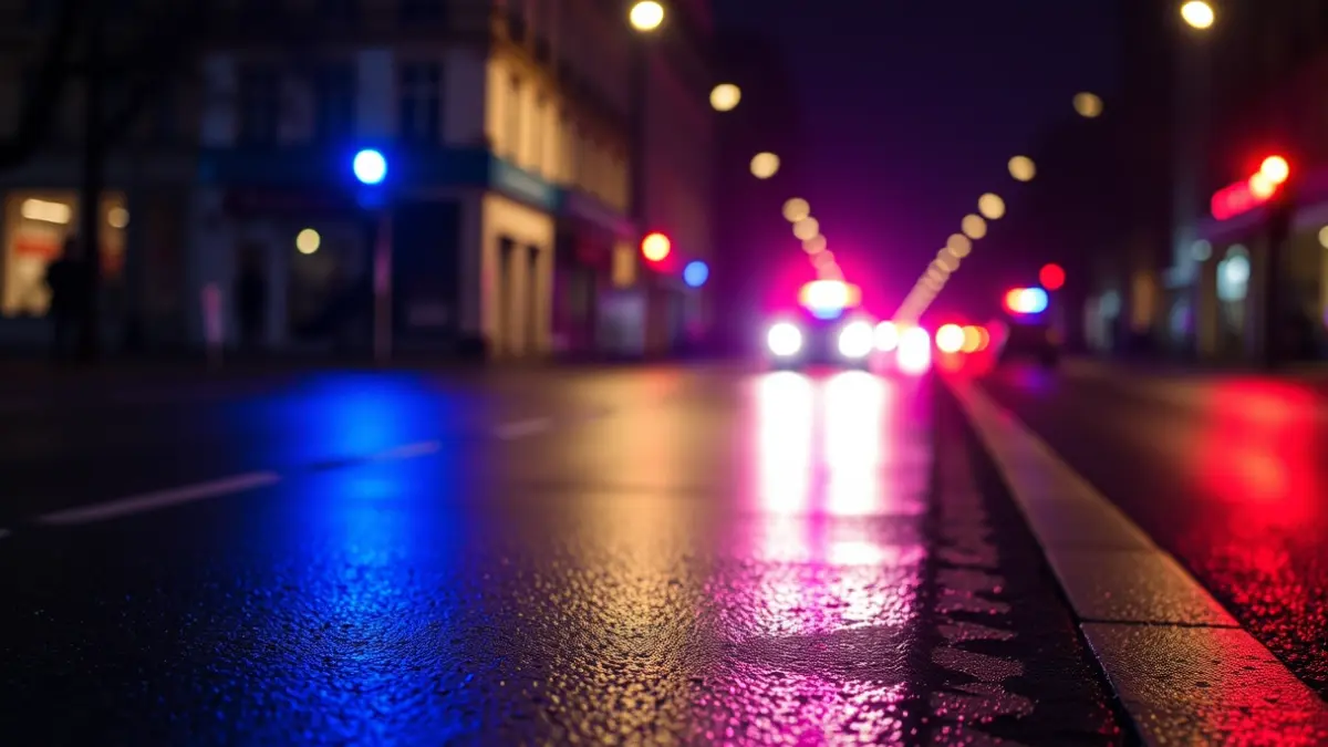 Irudi generikoa, gaueko asfalto hezean islatzen diren larrialdi-argi urdin eta gorriak.