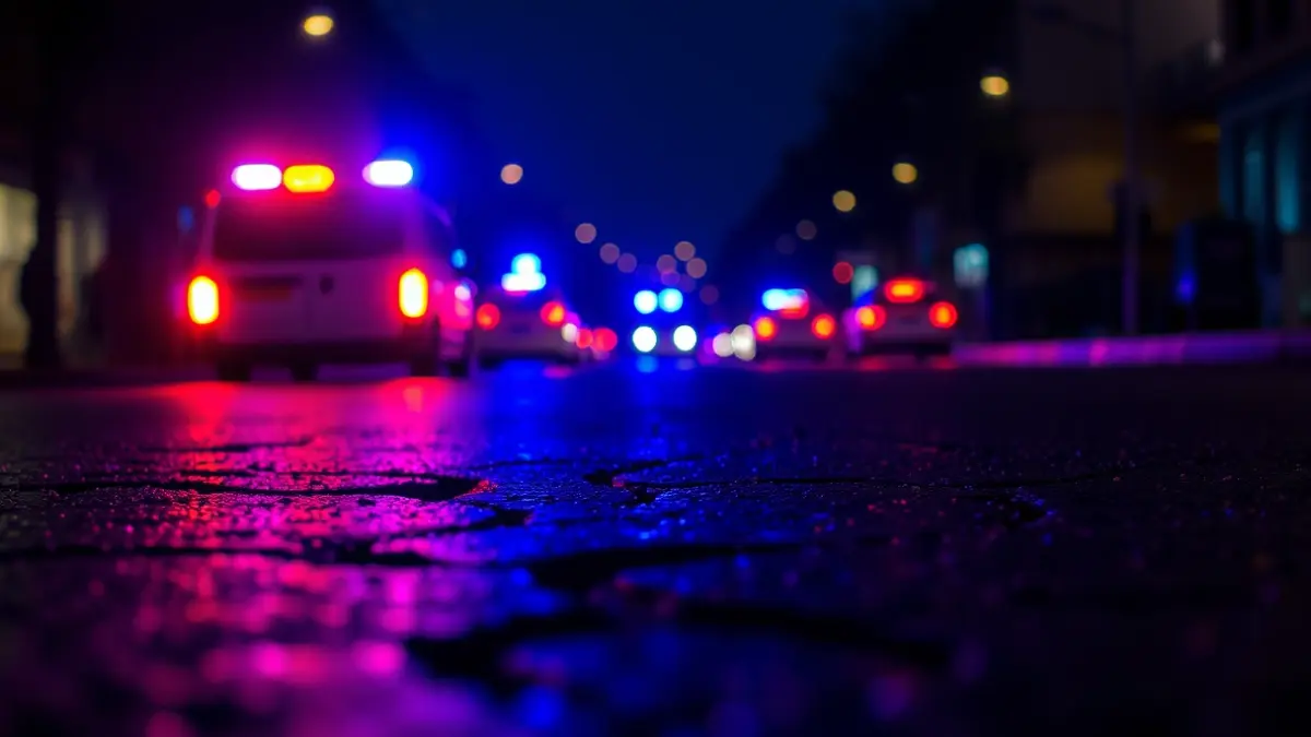 Generic image of blue and red emergency lights reflecting on wet asphalt at night.