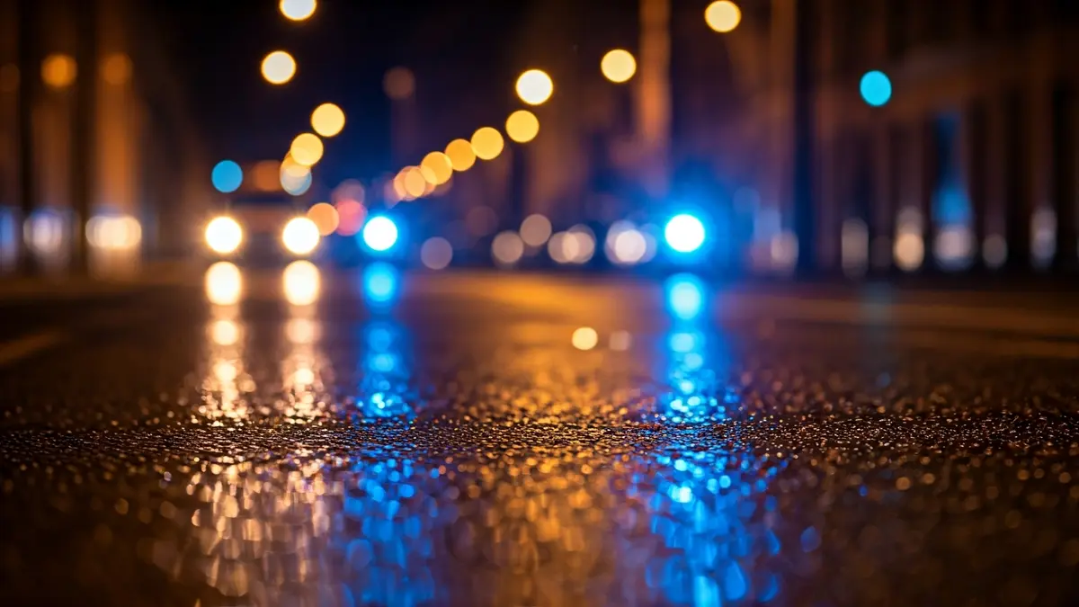Generic image of police emergency lights reflecting on wet asphalt at night.