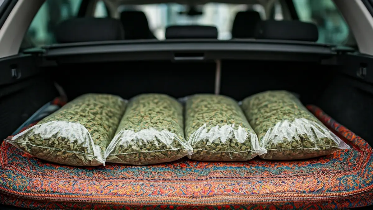 Marihuana poltsak auto baten maleteroan, koloretako pakete batean bilduta.