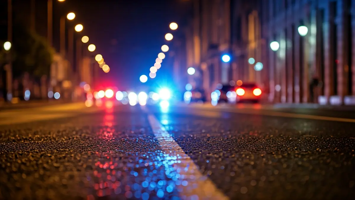 Generic image of emergency lights reflecting on wet asphalt at night.