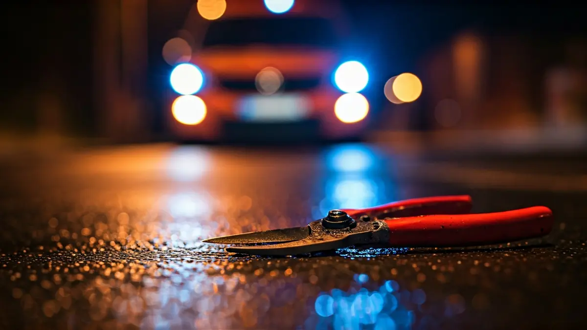 Generic image: Pruning shears on the ground, with blurred emergency lights in the background.