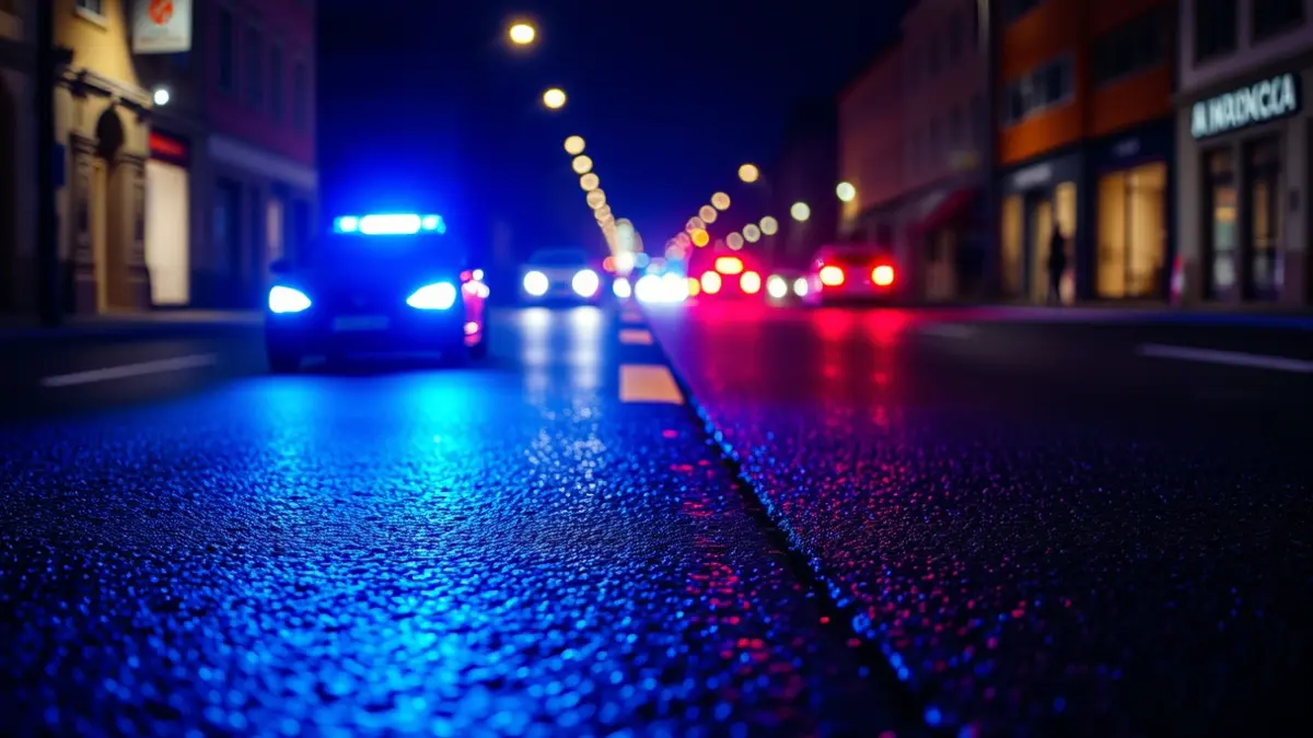 Irudi generikoa: Larrialdi-argiak asfalto hezean islatzen dira gauean, Euskadiko herri bateko kalean.