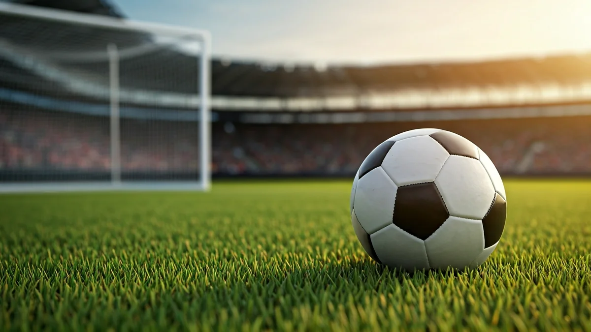 Irudi generikoa futbol-baloi bat belar gainean, atzealdean sare bat lausotuta.