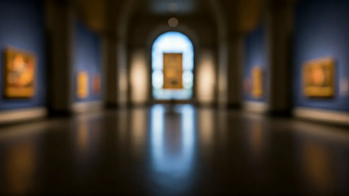 Imagen genérica de una sala de museo vacía con una obra de arte borrosa al fondo.