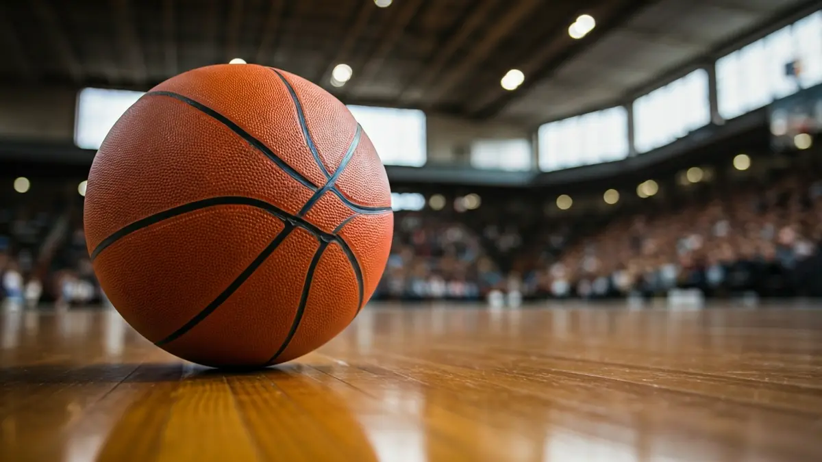 Generic image of a basketball on a court, with a blurred background.