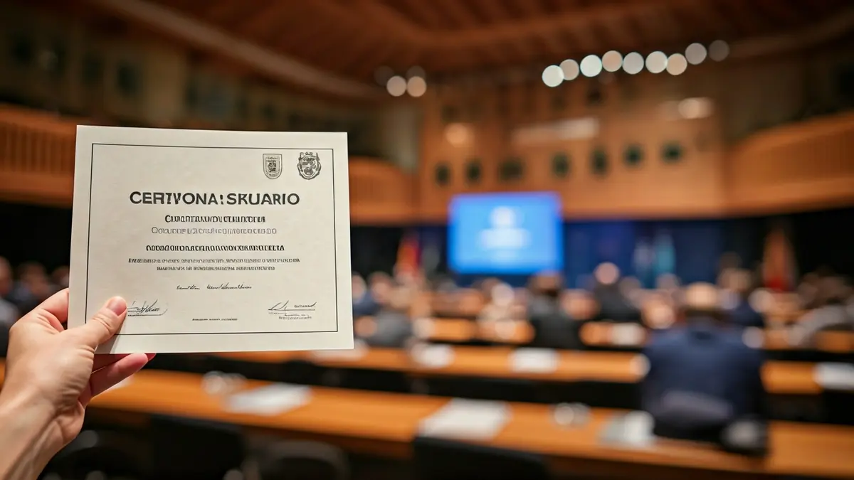 Imagen genérica de una mano sosteniendo un certificado, con un salón de eventos de fondo.
