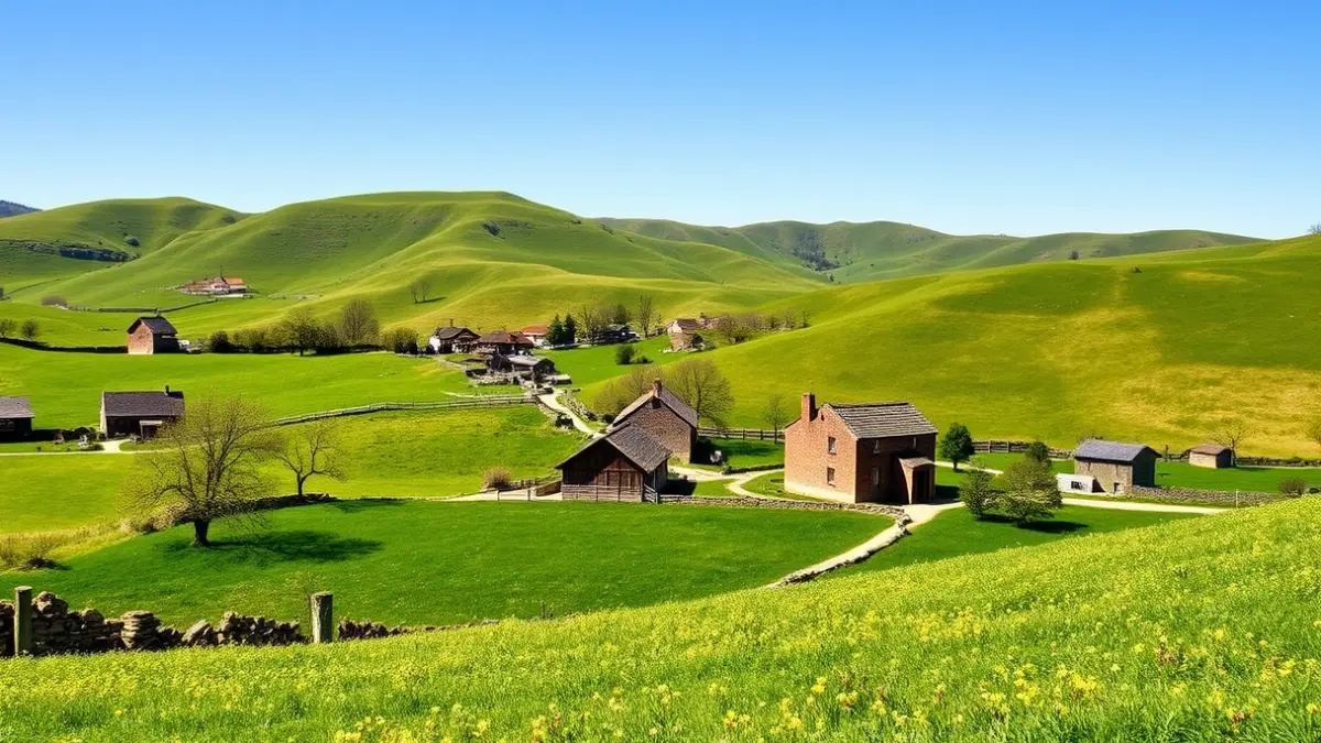 Goierriko paisaia berdea udaberrian, baserri tradizionalekin eta zeru urdinarekin.