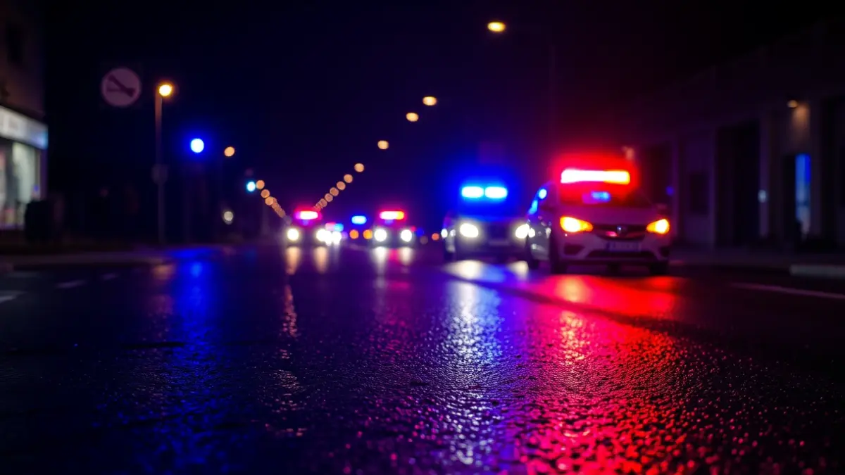 Irudi generikoa gaueko asfalto hezean islatzen diren larrialdi-argi urdin eta gorrienak.