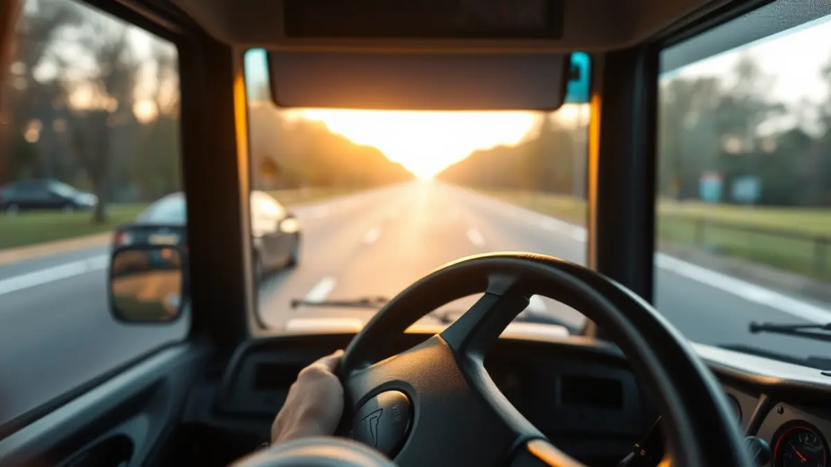 Generic image of a bus steering wheel and dashboard, with blurred road ahead.