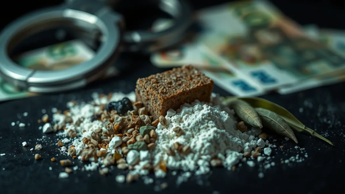 Generic image of various types of drugs, with blurred handcuffs and banknotes in the background.