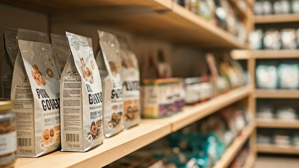 Generic image of shelves in a pet product store, featuring food and accessories.