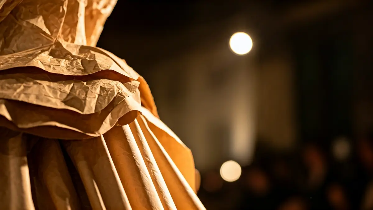 Detalles intrincados de un vestido de papel, mostrando pliegues y texturas delicadas.