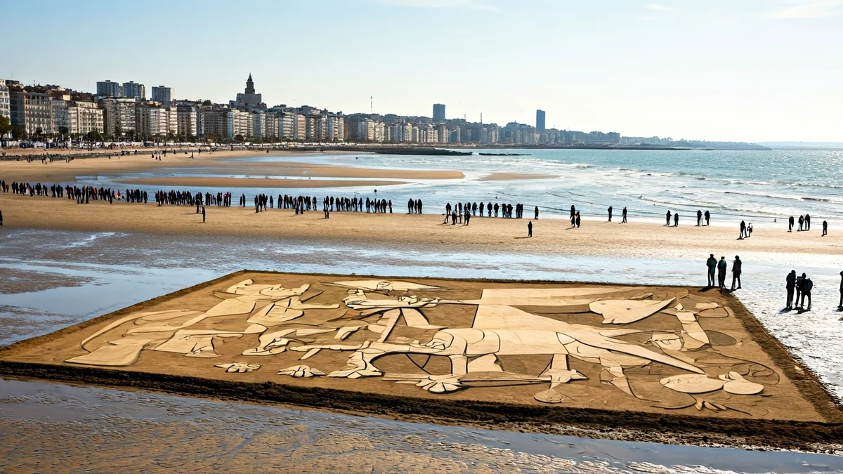 Donostiako Kontxako hondartzan harean egindako Guernica koadroaren irudia.