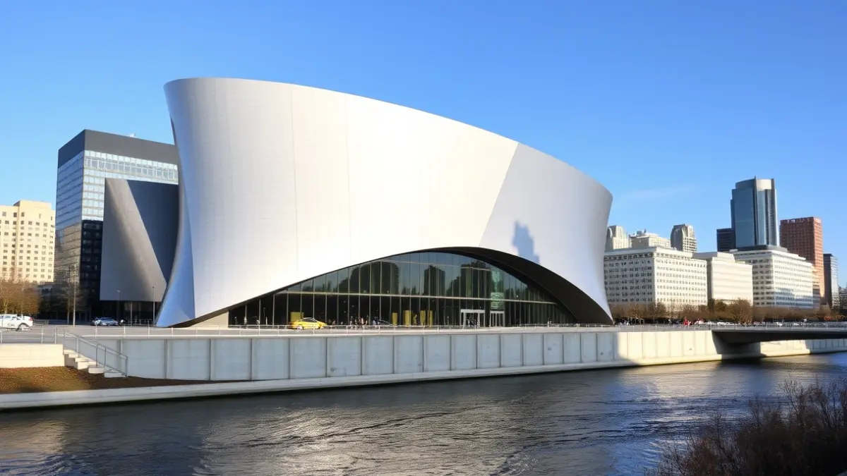 Contemporary image of the Guggenheim Museum in Bilbao, with its titanium facade reflecting the surrounding city.